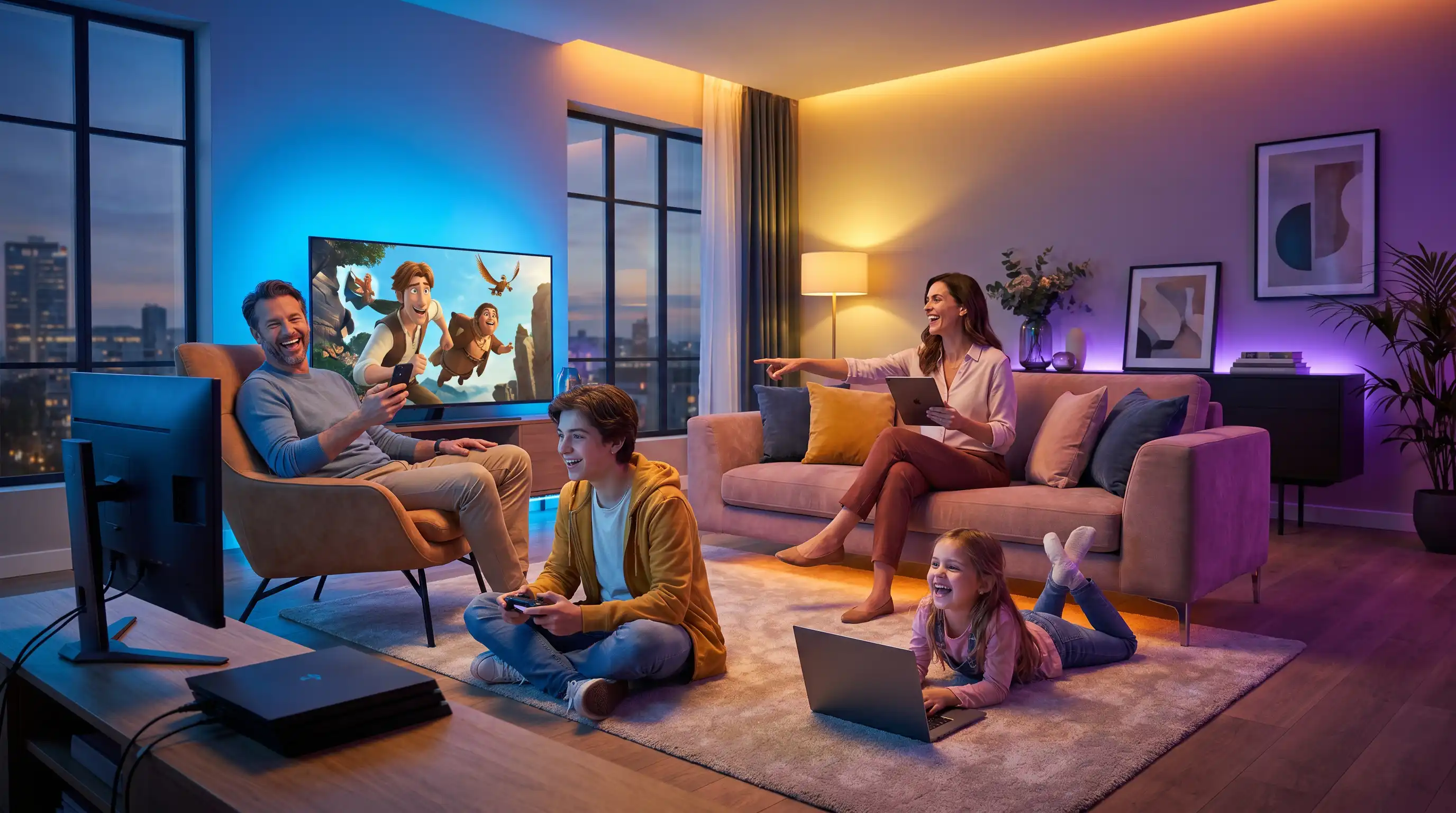 Familia disfrutando internet en casa